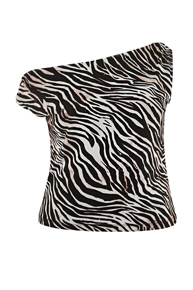Çok Renkli Zebra Desenli Asmietrik Yaka Esnek Örme Büyük Beden Bluz TBBSS26AF00073 - 1