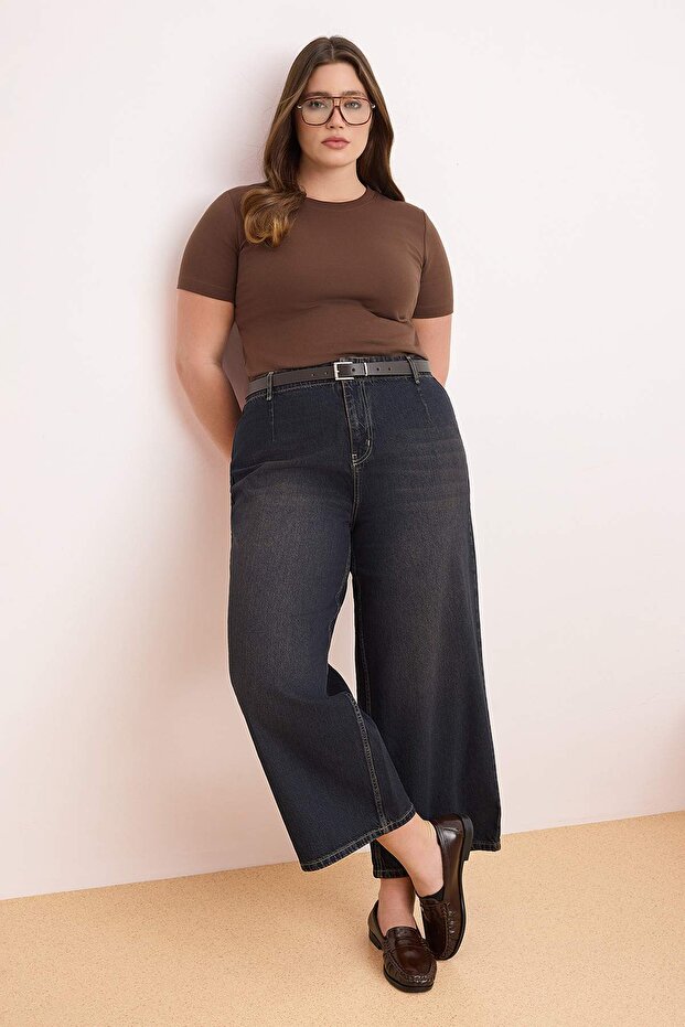 Kahverengi Yüksek Bel Pens Detaylı %100 Pamuk Non-Stretch Culotte Fit Jeans TBBSS26CJ00007 - 2