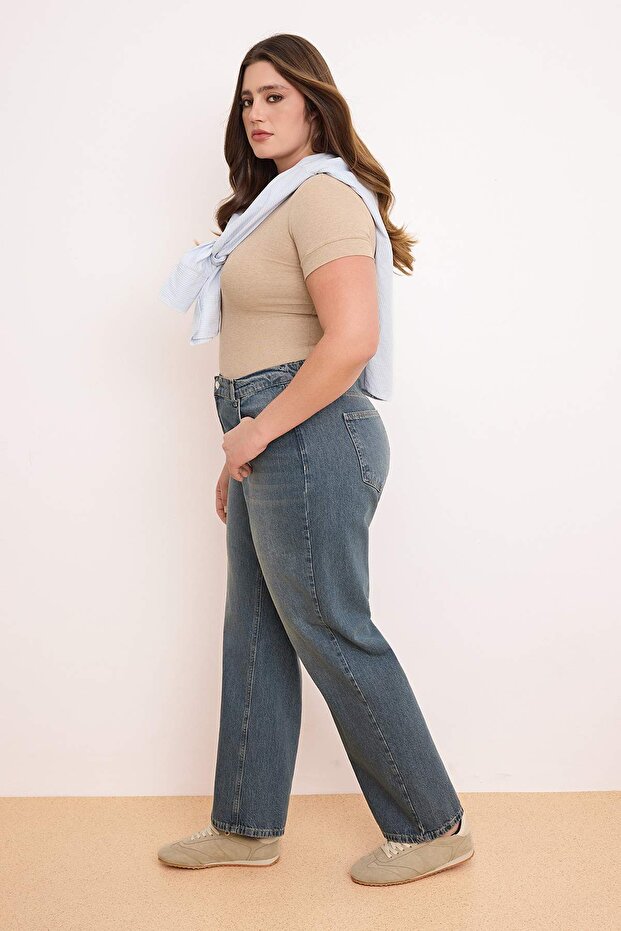 Mavi Lastikli Bel %100 Pamuk Non Stretch Düz Kesim Straight Fit Büyük Beden Jeans TBBSS26CJ00024 - 2