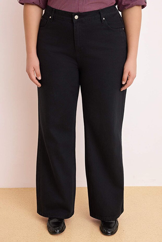 Siyah Pens Detaylı Beli Lastikli %100 Pamuk Non-Stretch Wide Leg/Geniş Paça Jeans TBBSS26CJ00028 - 3