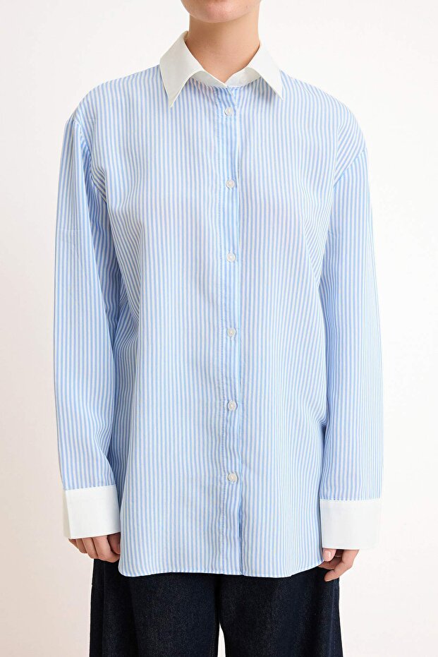 Mavi Çizgili Oversize/Geniş Kesim Gömlek TWOSS26GO00155 - 3