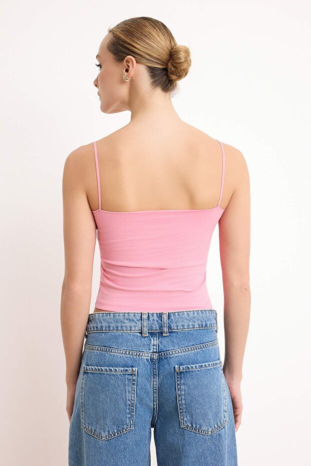 Pembe Fitted/Vücuda Oturan Askılı Straplez Kolsuz Pamuklu Esnek Örme Atlet TWOSS26AL00048 - 4