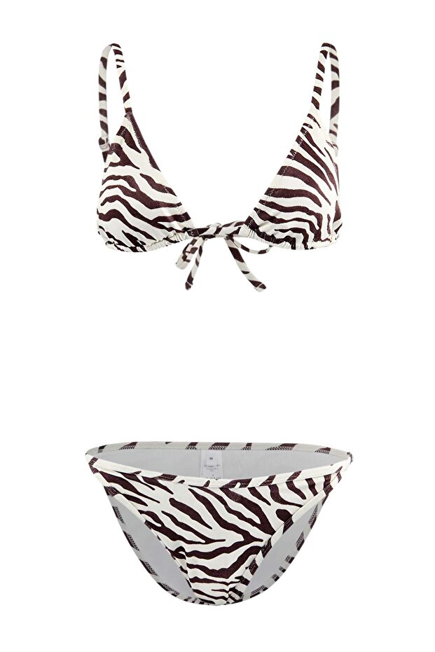 Zebra Desenli Üçgen Etekli Kaplı Brazilian Normal Bel 3'lü Set Bikini Takımı TBESS24BT00022 - 9