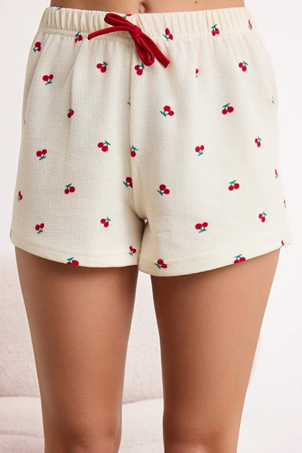 Ekru Kiraz Nakışlı Yumuşak Tuşe Waffle Örme Pijama Takımı THMSS26PT00070 - 3