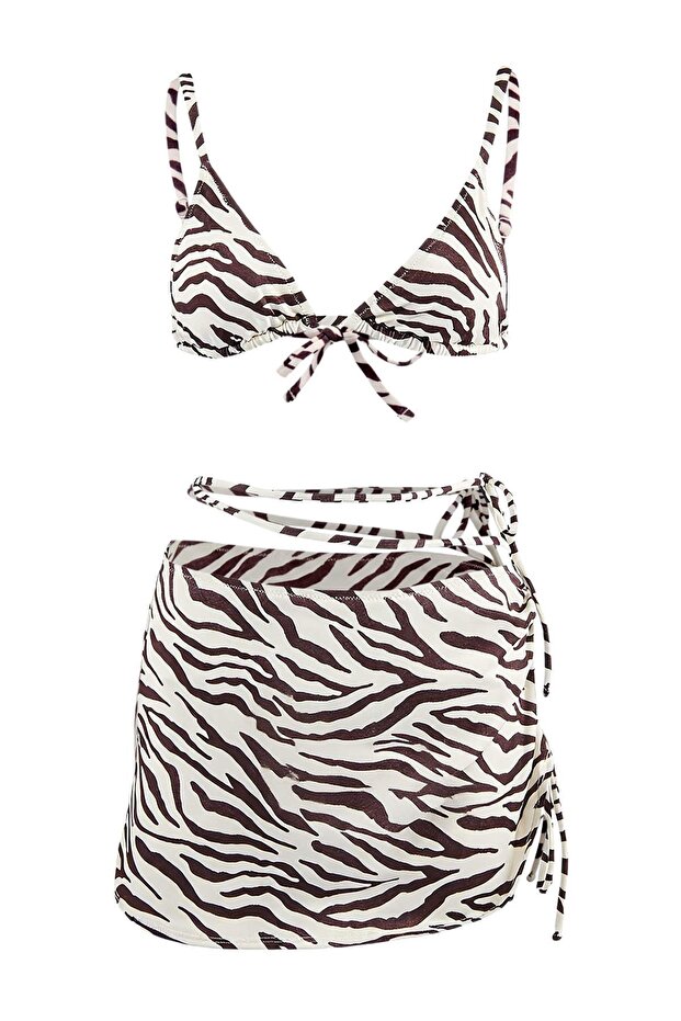 Zebra Desenli Üçgen Etekli Kaplı Brazilian Normal Bel 3'lü Set Bikini Takımı TBESS24BT00022 - 7