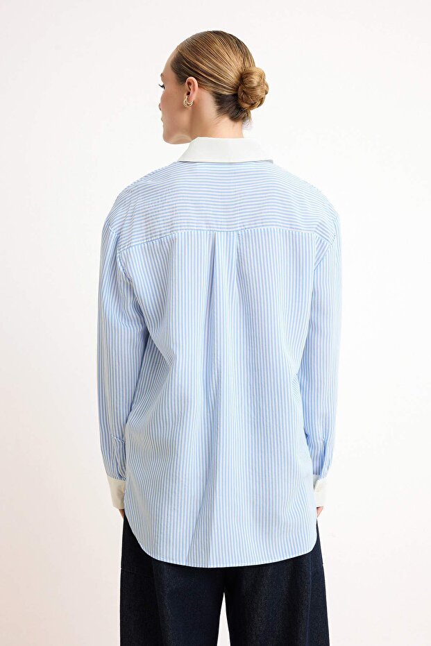 Mavi Çizgili Oversize/Geniş Kesim Gömlek TWOSS26GO00155 - 4