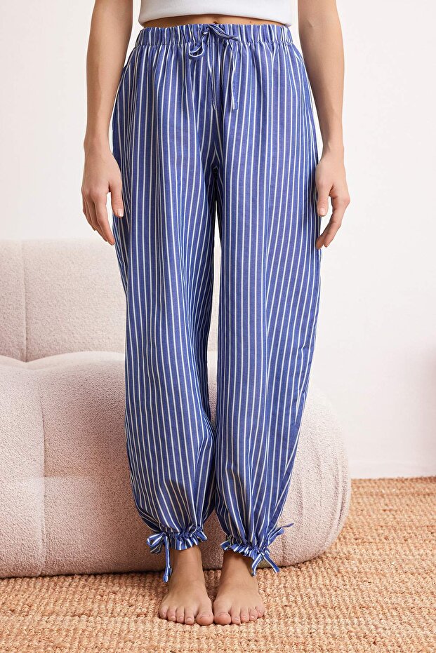 Beyaz-Mavi Çizgili Balon Fit Üst Örme Alt Dokuma Pijama Takımı THMSS26PT00098 - 5