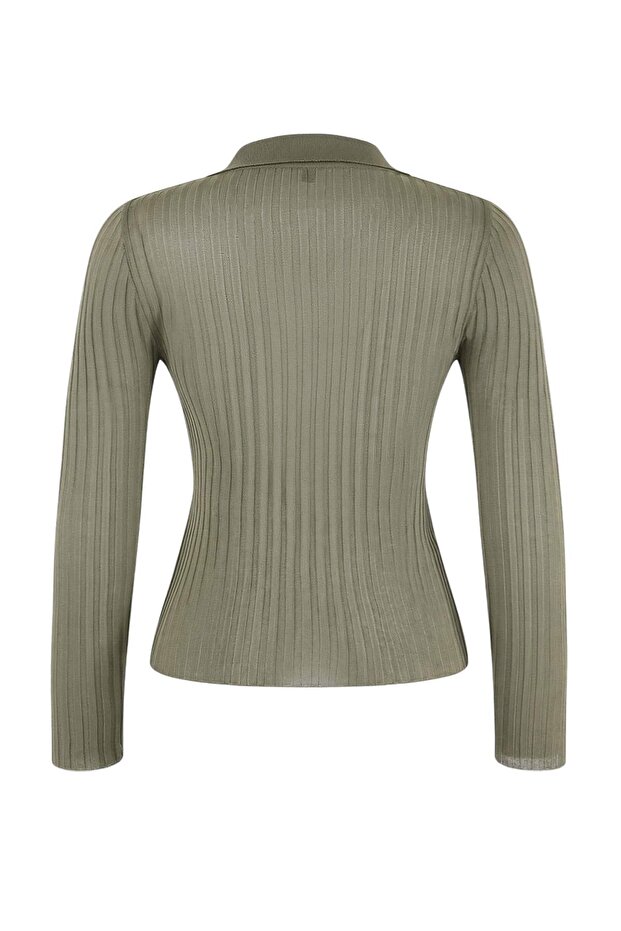 Wardrobe Essentials Açık Haki Fitilli Polo Yaka İnce Triko Kazak TWOSS26KZ00004 - 6