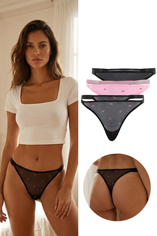 Teen Siyah-Çok Renkli 3'lü Tül Çilek Baskılı Tanga Külot THMSS26KU00015 - 1