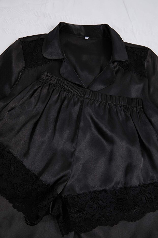 Siyah Dantel Detaylı Saten Şortlu Dokuma Pijama Takımı THMSS26PT00102 - 5