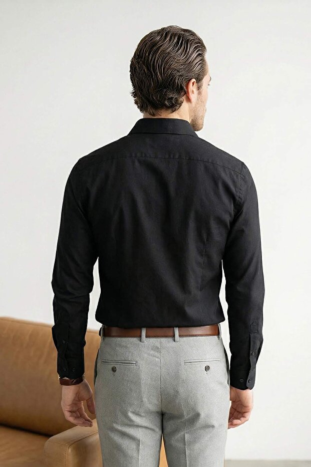 Siyah Normal Kalıp/Regular Fit Gabardin Dokulu Kolay Ütülenebilir Erkek Dokuma Gömlek TMNSS26GO00006 - 3