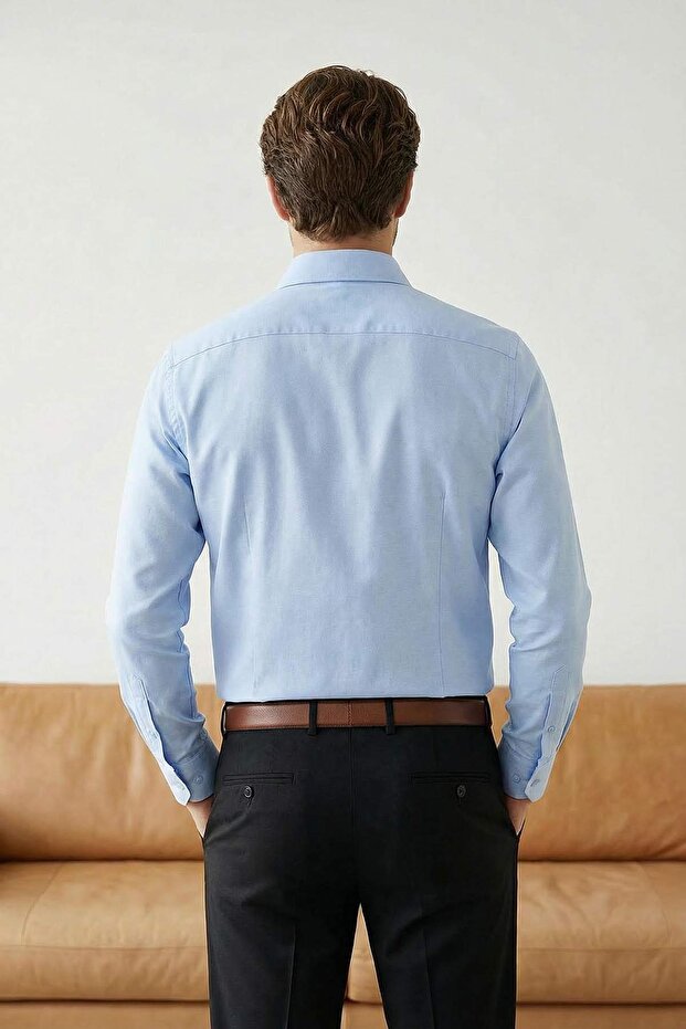 Açık Mavi Normal Kalıp/Regular Fit Gabardin Dokulu Kolay Ütülenir Erkek Dokuma Gömlek TMNSS26GO00006 - 3