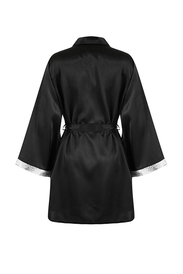 Siyah-Beyaz 2'li Çeyiz Set Çiçekli Dantel Detaylı Saten Dokuma Sabahlık + Gecelik THMSS25GC00032 - 8