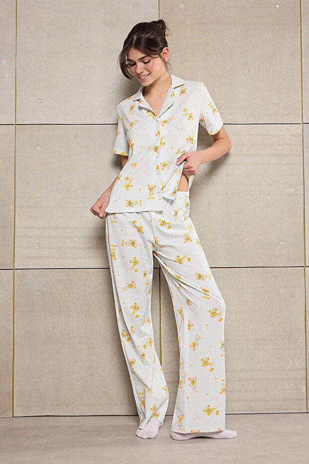 Trendyolmilla  Teen Mavi %100 Pamuklu Ayıcık Desenli Örme Pijama Takımı THMSS26PT00025 - Görsel 3