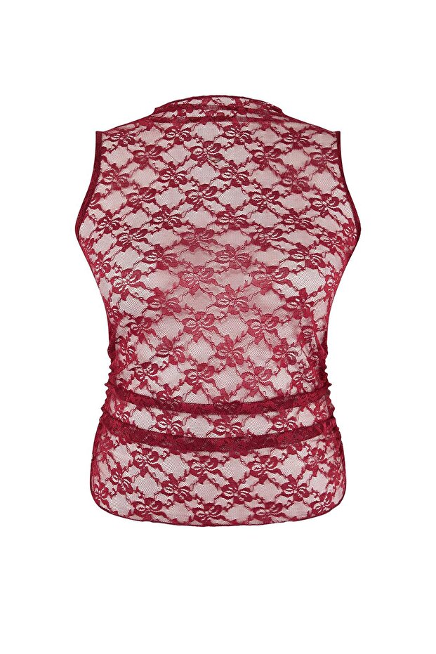 Bordo Fitted Kolsuz Dantel Örme Büyük Beden Bluz TBBSS26AF00115 - 4