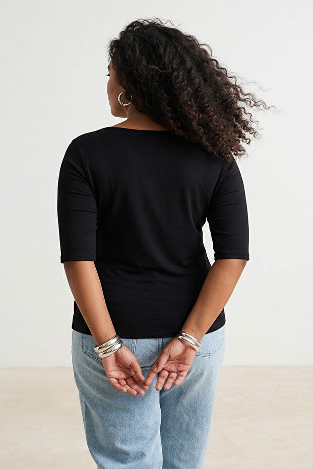 Siyah Soft Yumuşak Kumaşlı V Yaka Çıt Çıt Detaylı Örme Büyük Beden Bluz TBBSS26AF00044 - 2