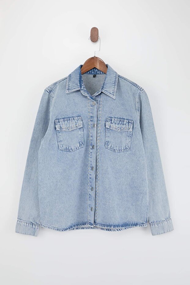 Açık Mavi Trok Detaylı Regular 100% Pamuk Oversize Denim Gömlek Ceket TWOSS26GO00003 - 5