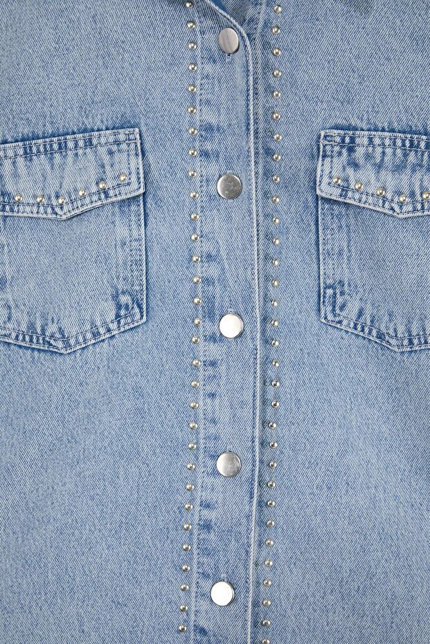 Açık Mavi Trok Detaylı Regular 100% Pamuk Oversize Denim Gömlek Ceket TWOSS26GO00003 - 6
