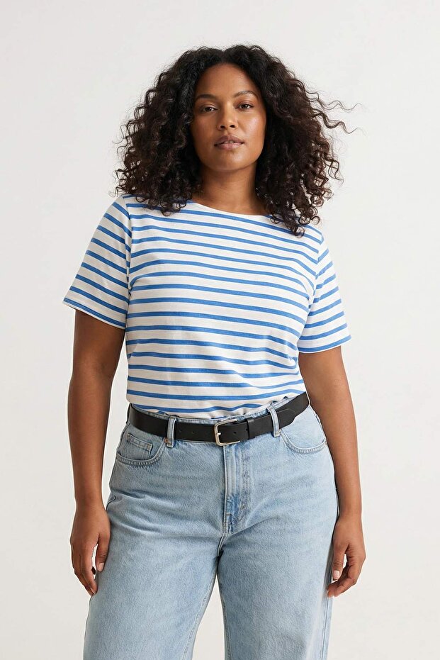 Beyaz-Mavi Çizgili Kayık Yaka Örme T-shirt TBBSS23BF00018 - 2