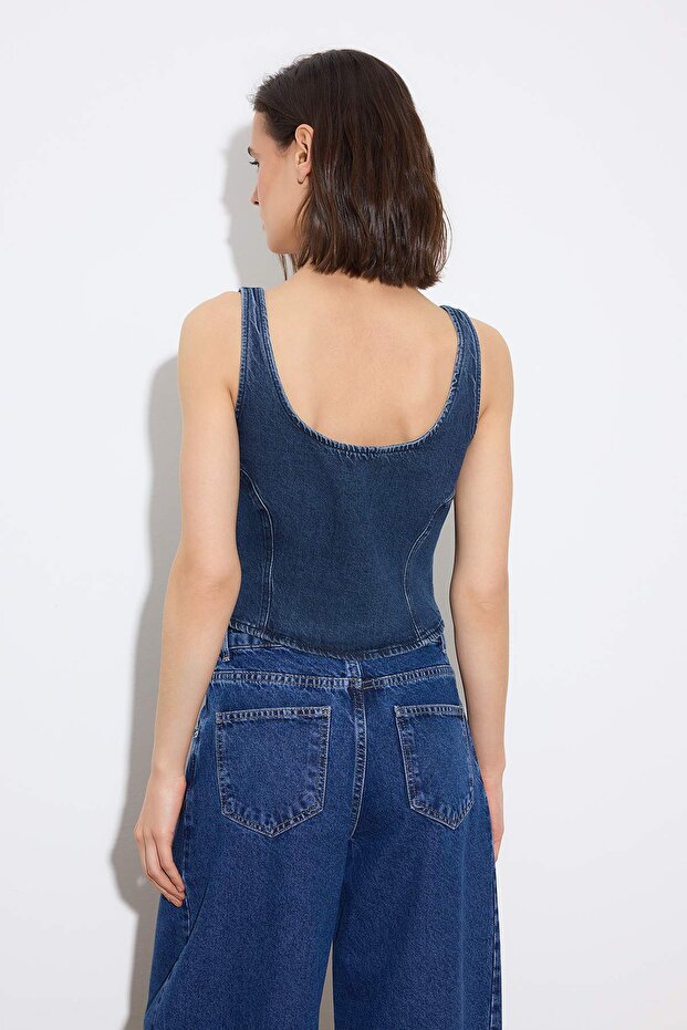 Limited Edition Mavi Askılı Crop %100 Pamuk Denim Bluz TWOSS26BZ00427 - 4