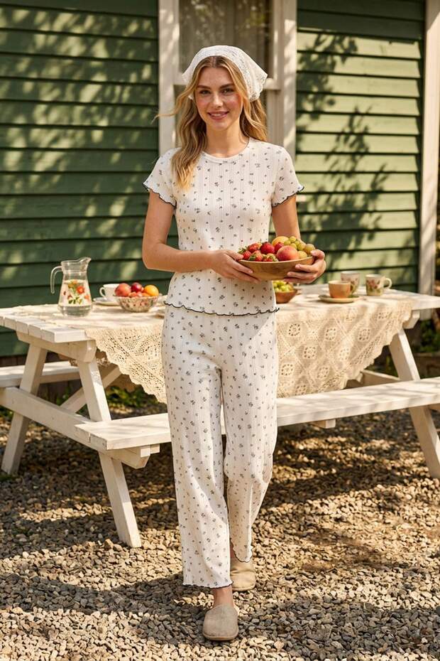 Beyaz %100 Pamuklu Çiçekli Baby Overloklu Fitilli/Pointel Örme Pijama Takımı THMSS26PT00012 - 2