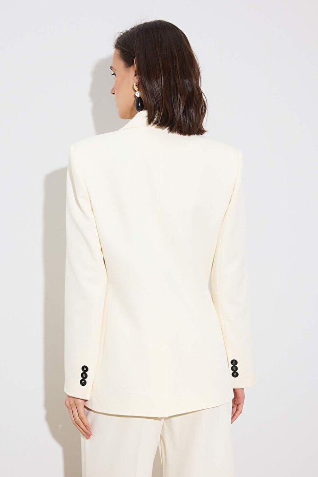 Limited Edition Kırık Beyaz Fitted/Vücuda Oturan Dokuma Blazer Ceket TWOSS26BC00021 - 7