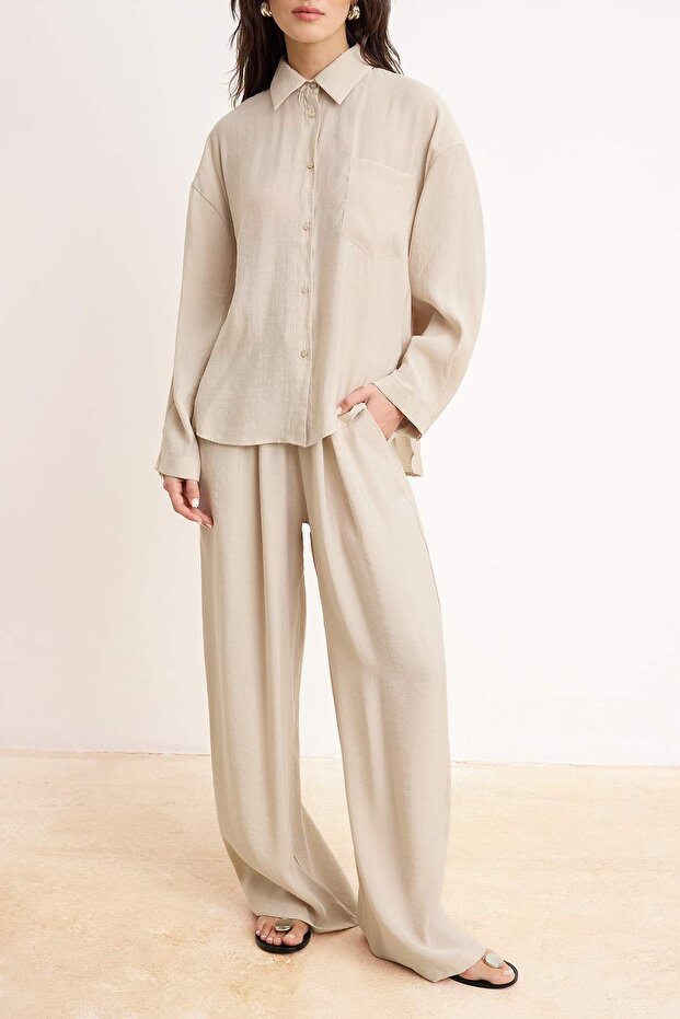 Bej Oversize Dökümlü Oversize Gömlek Geniş Paça Pantolon Alt - Üst Takım TCTSS26US00049 - 3