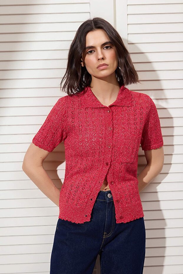 Red Cotton Blend Buttoned Knitwear Blouse Twoss26Bz00294
