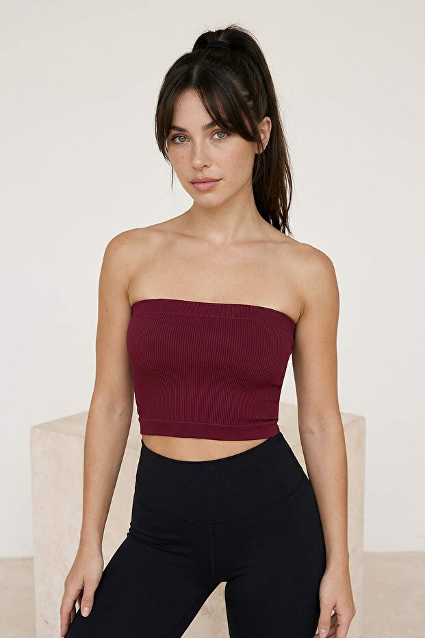 Bordo-Pembe 2'li Paket Seamless/Dikişsiz Fitilli Straplez Örme Spor Sütyeni TWOSS21SS0061 - 6