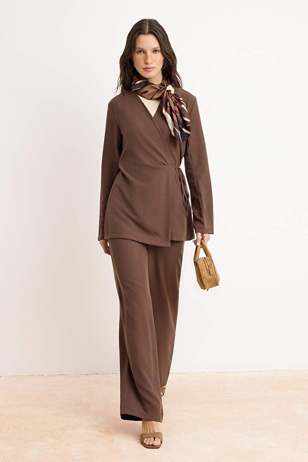 Kahverengi Dökümlü Kimono Pantolon Alt - Üst Takım TCTSS26US00033 - 2