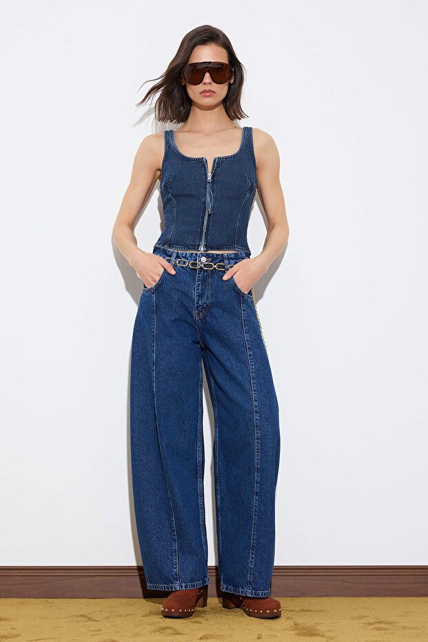 Limited Edition Mavi Askılı Crop %100 Pamuk Denim Bluz TWOSS26BZ00427 - 2