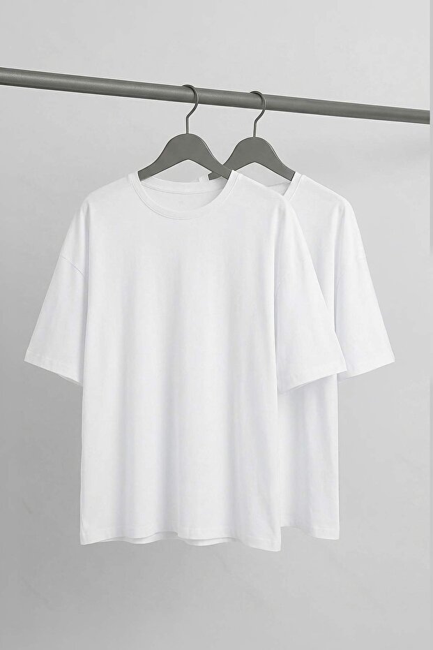 Unisex Büyük Beden Beyaz-Beyaz Oversize 2'li Paket %100 Pamuklu T-Shirt TMNSS24BF00042 - 1