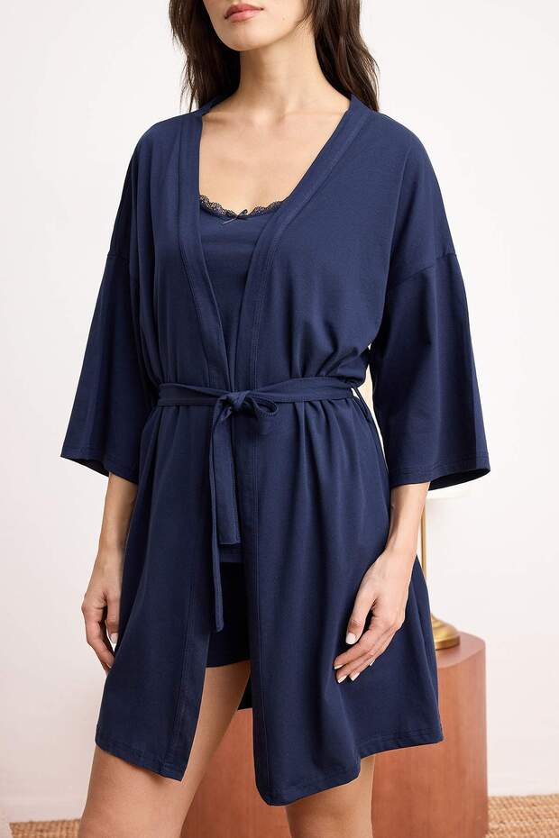 Lacivert 3'lü Pamuklu Dantelli Likralı Yumuşak Tuşe Örme Sabahlık+Pijama Takımı THMSS26PT00115 - 4