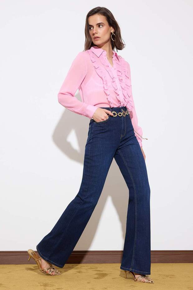 Limited Edition Koyu Mavi TOPARLAYICI Yüksek Bel Ekstra Esnek Flare Uzun Boy Jeans TWOSS26JE00103 - 3