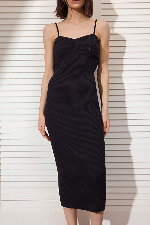 Siyah Midi Bodycone/Vücuda Oturan Triko Elbise TWOSS26EL00183 - 3