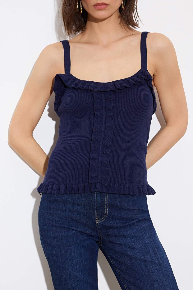 Limited Edition Lacivert Premium İplik Havuz Yaka Vücudu Saran Crop Triko İnce Bluz TWOSS26BZ00304 - 3