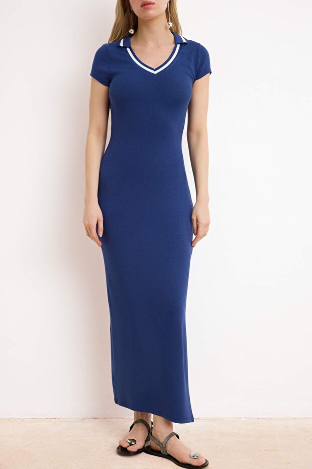 Lacivert Çizgili Bodycon V Yaka Ay Kol Kısa Kollu Maxi Yumuşak Örme Elbise TWOSS26EL00257 - 3