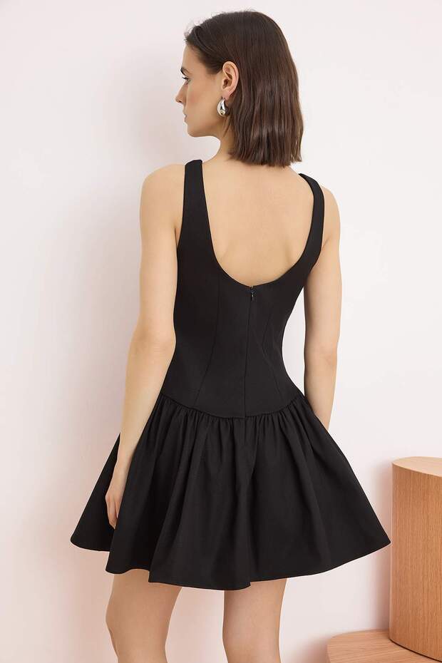 Siyah Düz Kısa / Mini  Dokuma Elbise TWOSS25EL00865 - 4