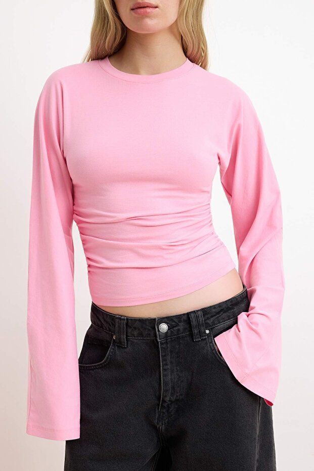 Pembe İspanyol Kol Büzgü Detaylı Regular/Normal Kalıp Örme Bluz TWOAW26BZ00293 - 7