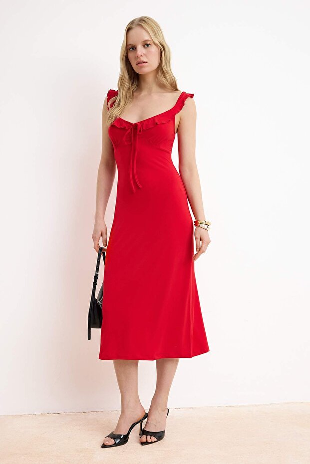 Kırmızı Bodycon V Yaka Kalın Askılı Kolsuz Volanlı/Fırfırlı Maxi Esnek Örme Elbise TWOSS26EL00202 - 1
