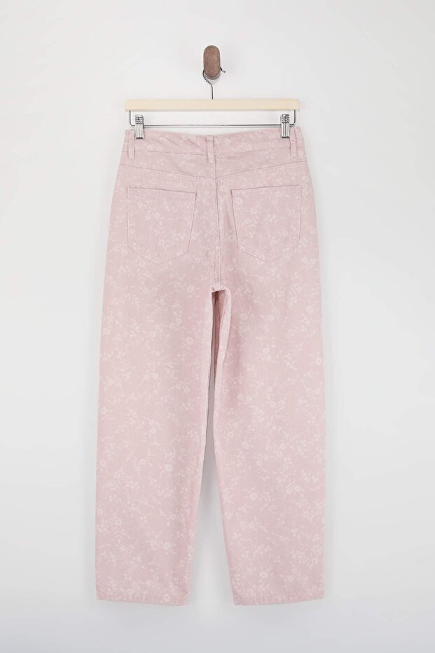 Pembe DÖKÜMLÜ Çiçek Baskılı %100 Pamuk Yüksek Bel Barrel Jeans TWOSS26JE00231 - 6