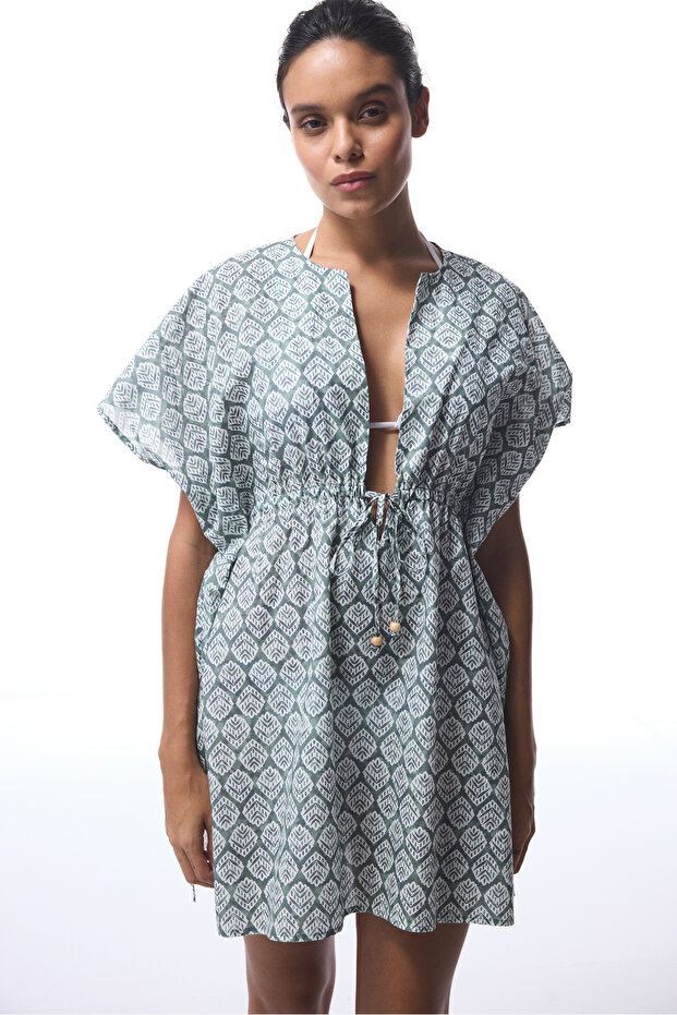 Yeşil Spring V Yaka Mini Kaftan - 6