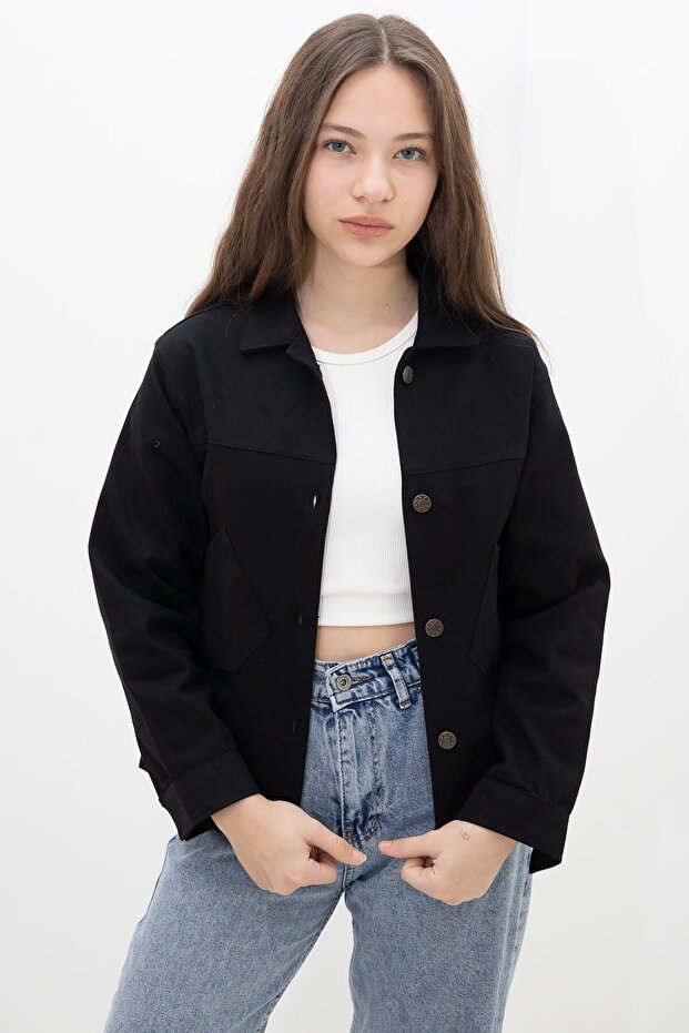 Black Girl's Gabardine Fabric Jacket with Button Detail on the Back 23568