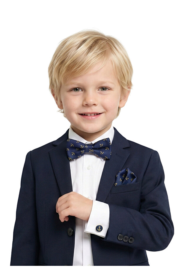 Boy's parliament yellow polka dot cufflink handkerchief bow tie set