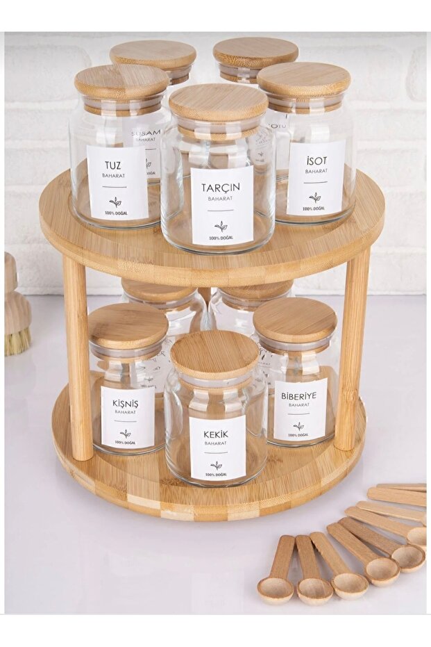 10-Piece Rotating Stand Vacuum Bamboo Lid Glass Spice Rack Storage Jar