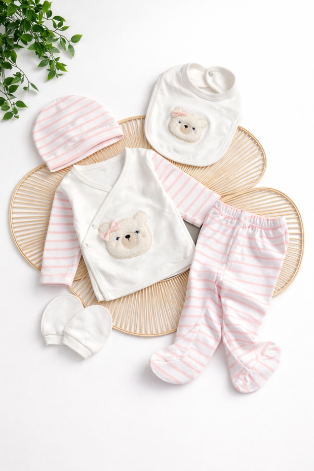 Newborn 5 Piece Boxed Set – 100% Cotton Teddy Bear Embroidered Hospital Release Baby Set