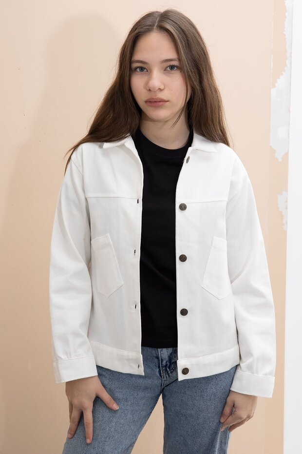 Ecru Girls' Gabardine Fabric Jacket with Button Detail on the Back 23570