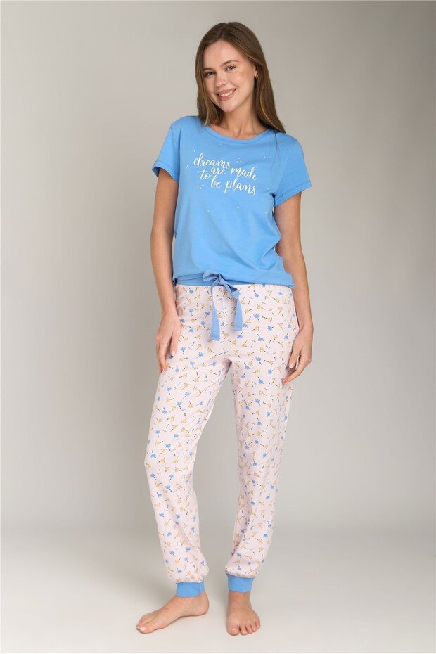 Dream Knitted Short Sleeve T-Shirt Pants Set Pajama Set - Light Blue