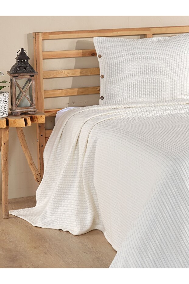 طقم مفرش سرير مفرد بلون إكرو مع غطاء وسادة واحد - 4