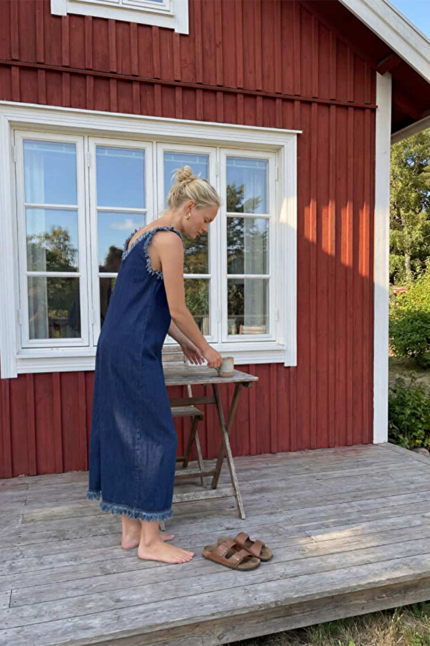 Denim Askılı Elbise - 2